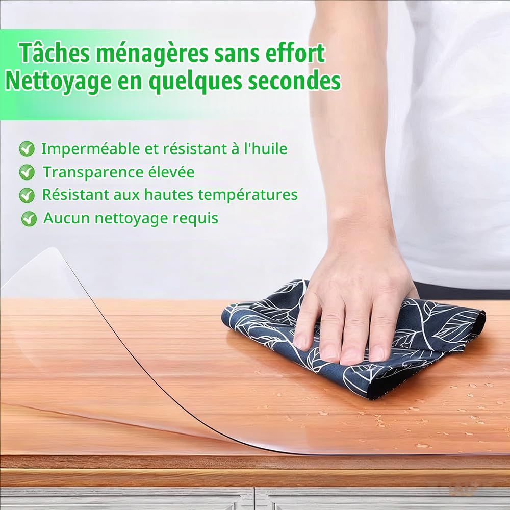 Nappe PVC Transparente，Nappe Transparente Épaisse，Épaisseur De 1,4 Mm, 90 x 180 Cm, Résistant Aux Taches, Protège-Table pour La Maison Et l'Extérieur, Facile à Nettoyer Et Durable