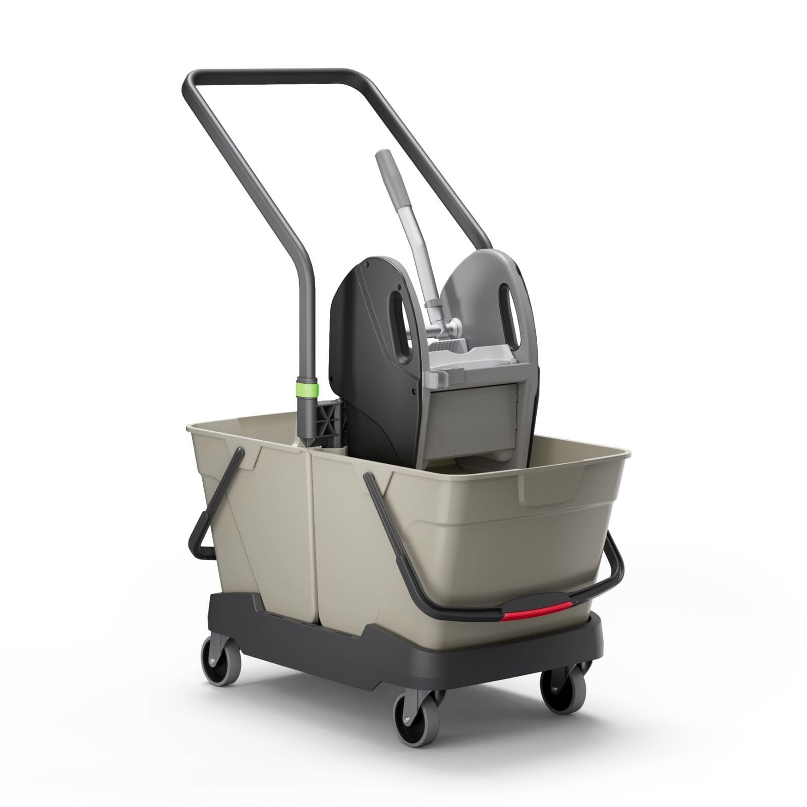 Cubex Professional Professioneller Reinigungswagen mit 2 Eimern à 25 l – Seidengrau, ergonomischer Griff, Wischer New Line mit Backen, Rollen aus Metall, schwarzer Boden und Clip-Zubehör