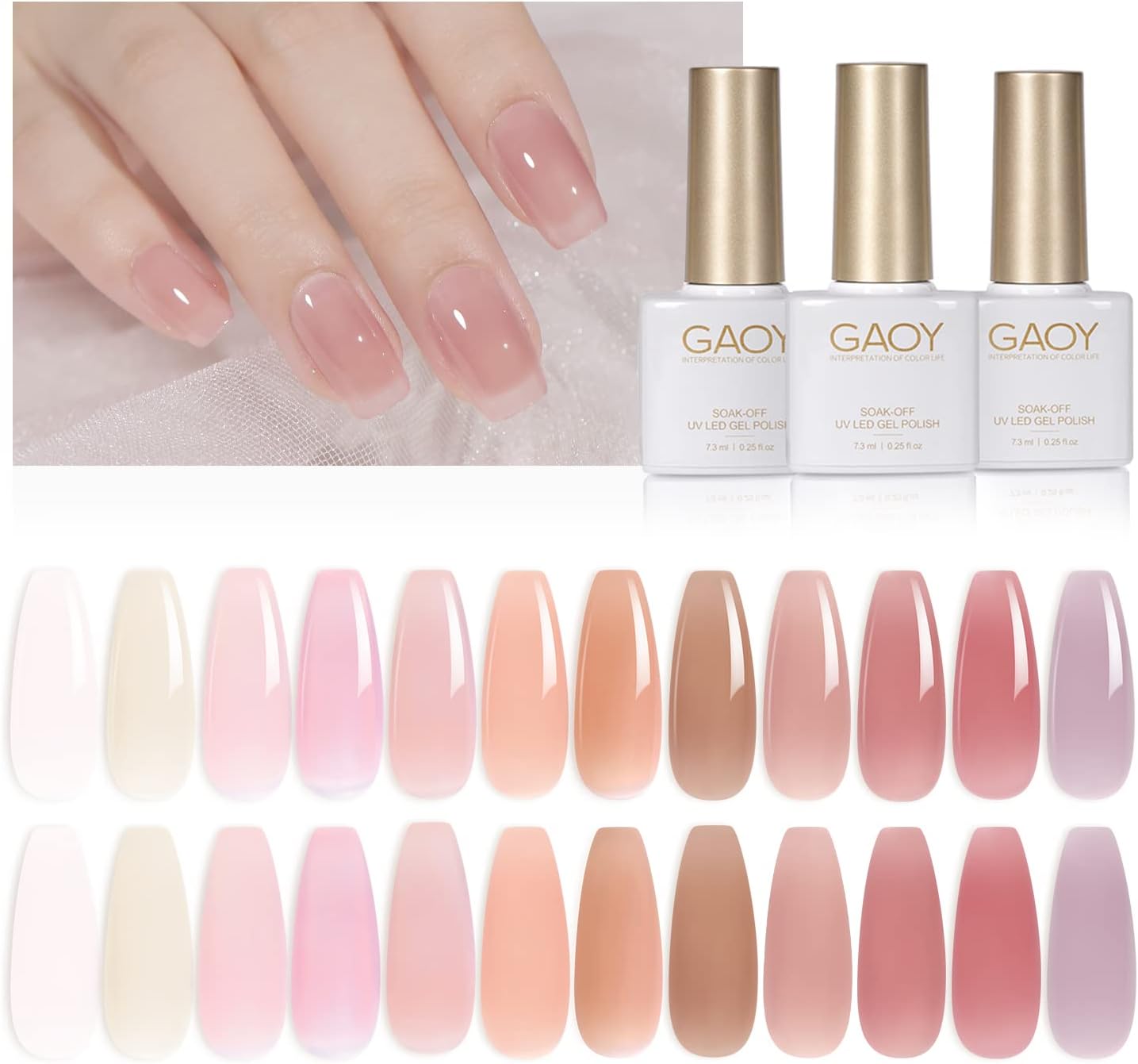 GAOY 15 Pcs Jelly Nude Gel Nail Polish Kit, Transparent Pink Colors Gel Polish Set with Glossy & Matte Top Coat and Base Coat for Nail Art DIY Manicure and Pedicure at Home