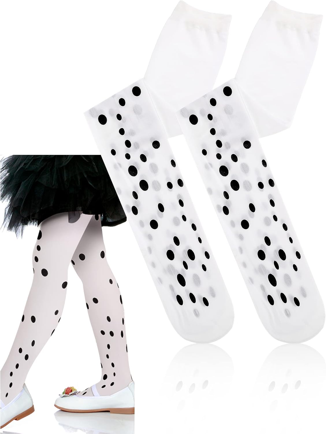 Funtery 3 Pairs Halloween Dalmatian Tights 101 Days of School Dalmatian Costume for Girl Kids Black and White Dotted Dog Tights Girl's Costume Pantyhose Nylon Tights Children's Polka Dot Tights