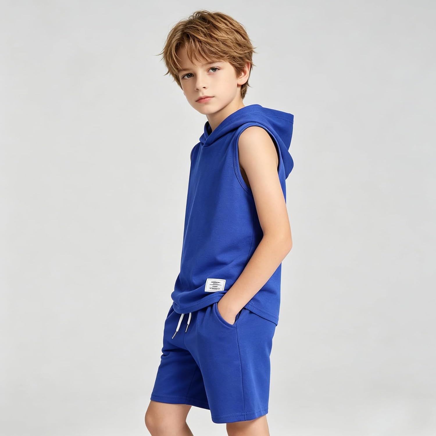 Size 6-12 Years Boys Summer Clothes Hooded Sleeveless Tank Tops Workout Shorts 2 Piece Set Fashion Outfits