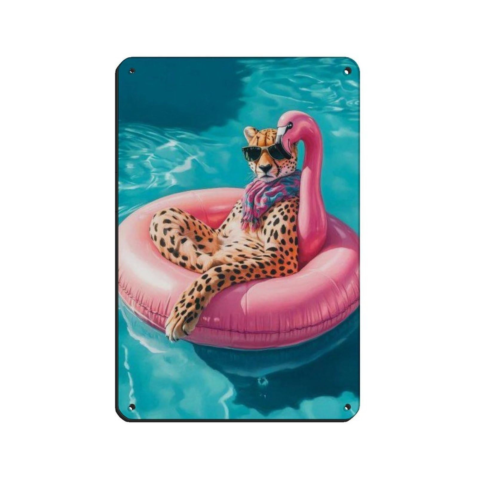 Stylish Cool Cheetah on Pink Flamingo Float Tin Sign Vintage Metal Pub Club Cafe Bar Home Wall Art Decoration Poster Retro 8x12inch(20x30cm)