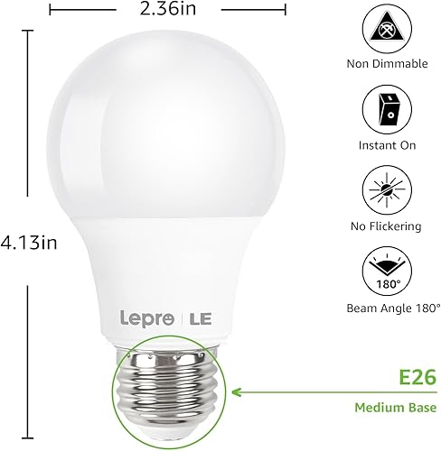 Miniatura 4 de Lepro Bombillas LED equivalentes a 60 W, 9 W, 800 lúmenes no regulables, luz blanca diurna 5000 K, base media estándar A19 E26, 10000 horas de vida