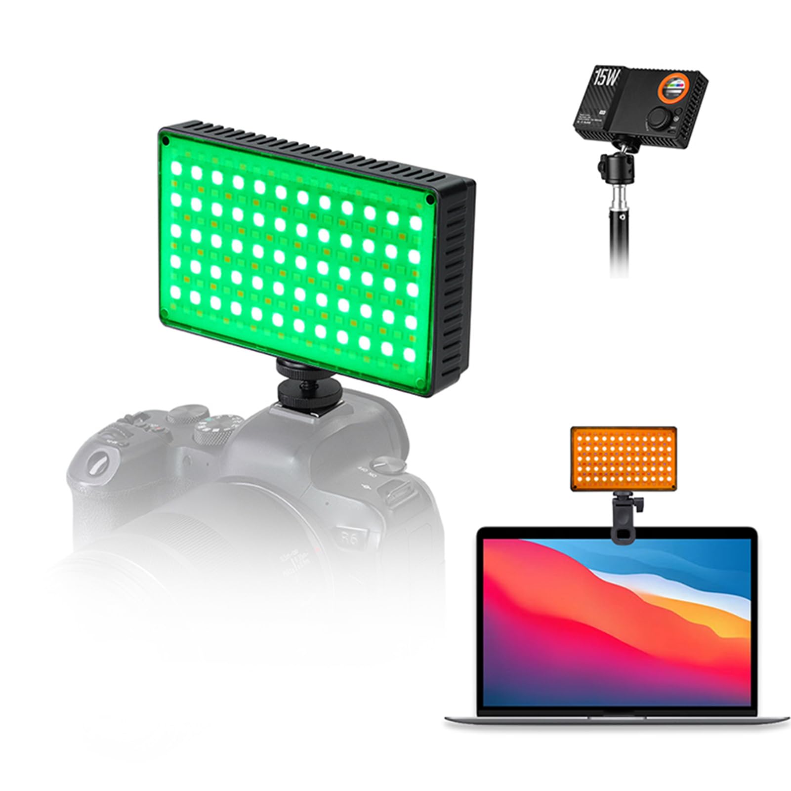 Fockety Luz de Vídeo RGB, 15 W, Luz de Cámara LED Regulable de 1800 K a 9000 K, Luces de Relleno de Plástico Recargables de 2600 MAh con 168 Luces para Fotografía, Vlogging