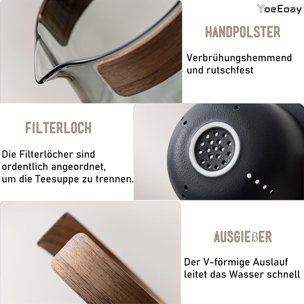 Gaiwan Mit 3 Teetasse, Mini Tragbare Reise Tee Set Mit Reisetasche,chinesische Kung-Fu-Teekanne, Teekanne Glas Mit Walnuss Hölzerne Zwinge, Teekanne Mit 3 Teetassen Und Teetuch - Schwarz