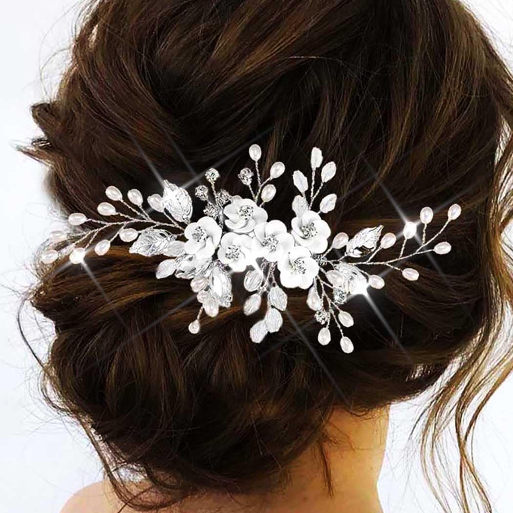 Unicra Flower Bridal Hair Comb Pearl Wedding Headpiece Leaf Hairpiece Silver Rhinestone Hair Accessories for Women and Brides (Silver - Image 3