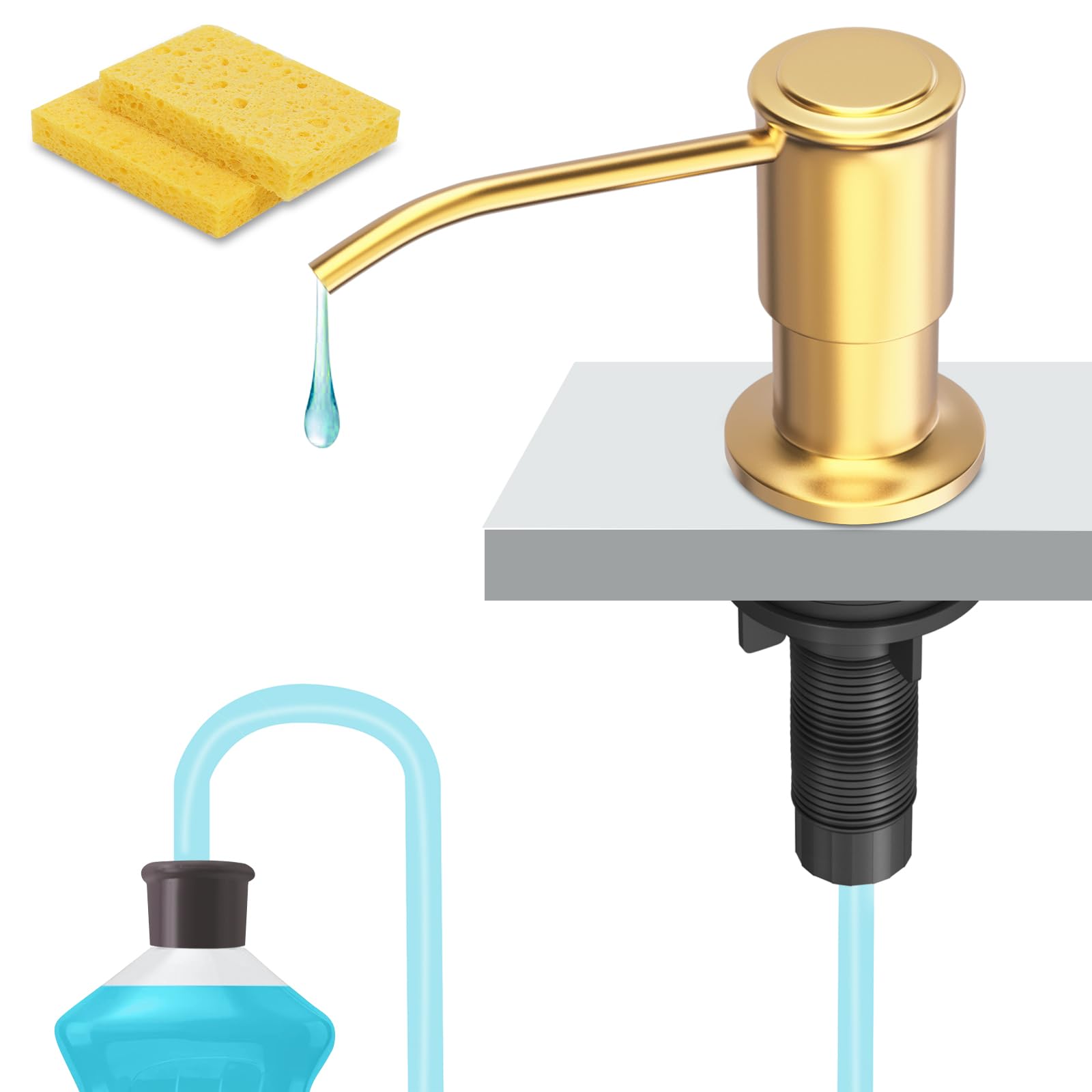 Dispensador de jabón para fregadero de cocina, dispensador de jabón para fregadero con base de cabezal de bomba ancha, kit de tubo de extensión de 47 pulgadas, boquilla más larga y vástago de eje