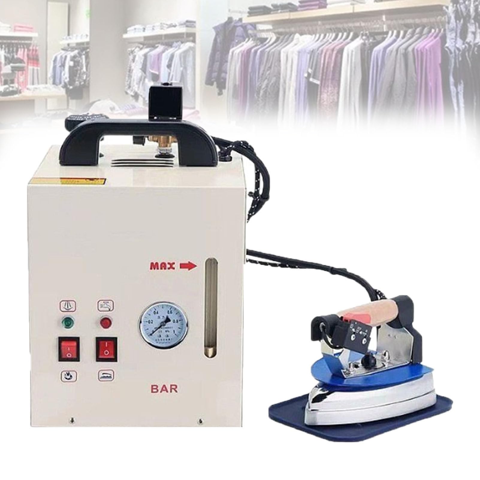 Pfps Commercial Steam Ironing Station, 900W Handheld Iron, 4L Tank with Pressure Gauge, Water Shortage Alarm, Drain Valve for Laundry, Clothing Stores
