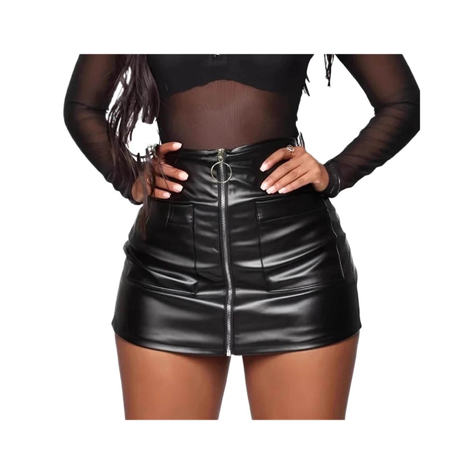 Falda De Cuero para Mujer Minifaldas for Mujer, Faldas Suaves de Piel sintética, Cintura Alta, Cremallera Frontal, lápiz for Fiesta en Club para Mujer