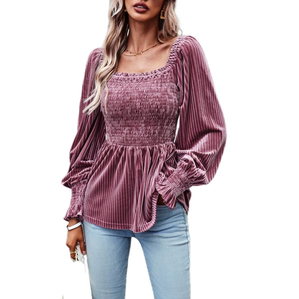 Bluse Damen Langarm,Lässige Bluse Für Damen, Quadratischer Ausschnitt, Pullover Shirt Aus Samt, Rosa, Elastischer Wickel, Plissiert, Schmale Passform, Stilvolles Tunika Shirt, Langärmlig, Elegant
