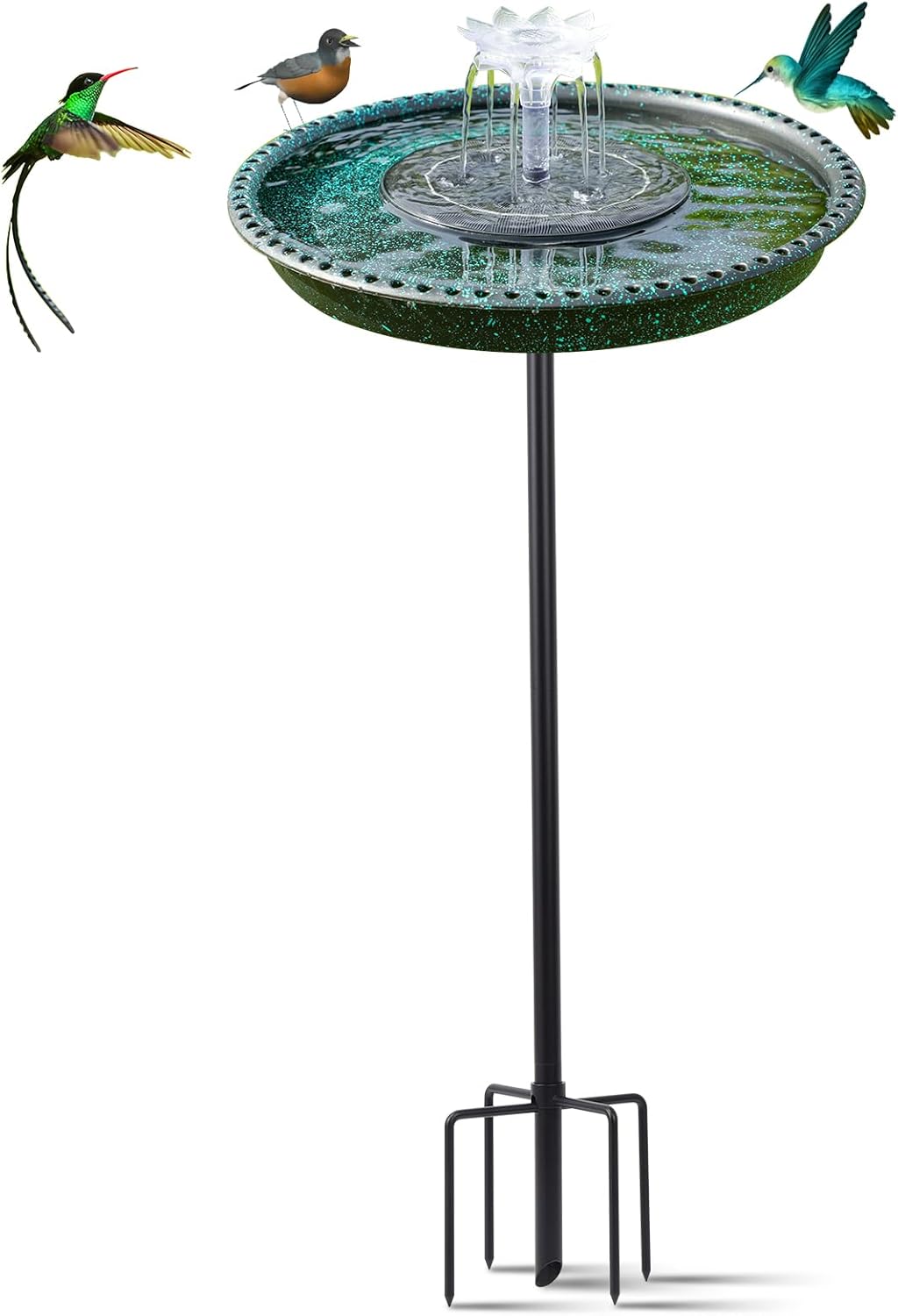 Bird Bath with Solar Powered Fountains for Hummingbirds,Stable Stylish Design with 5-Prong Base Stake Plastic Bird Bath for Outside Patio Yard Garden(Gift) Green