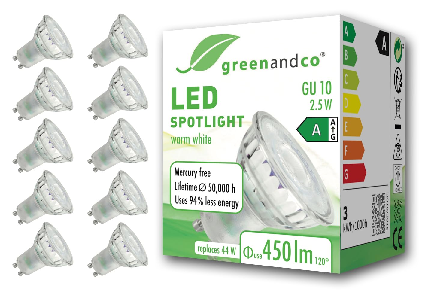 greenandco 10 x LED spotlights, GU10, 2.5 W, 450 lm, 3000 K warm white, 100°, 230 V, flicker-free, energy efficiency class A, not dimmable