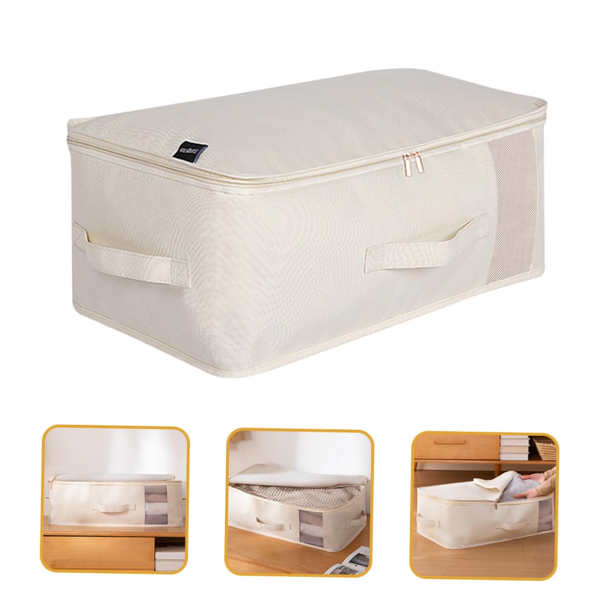 VICASKY Contenitore Pieghevole Sottoletto per Coperte Beige Grande | Oxford Cloth, Rete in Nylon e Pe, Apertura Zip, Facile da Spostare, per Vestiti e Giocattoli