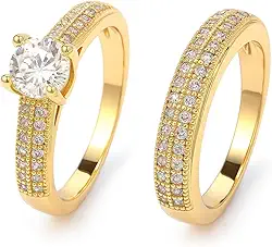 Anel Solitário com aparador 2 Peças duplo banhadas a Ouro 18K com Pedras em Zircônia Cravejado + caixinha vermelha