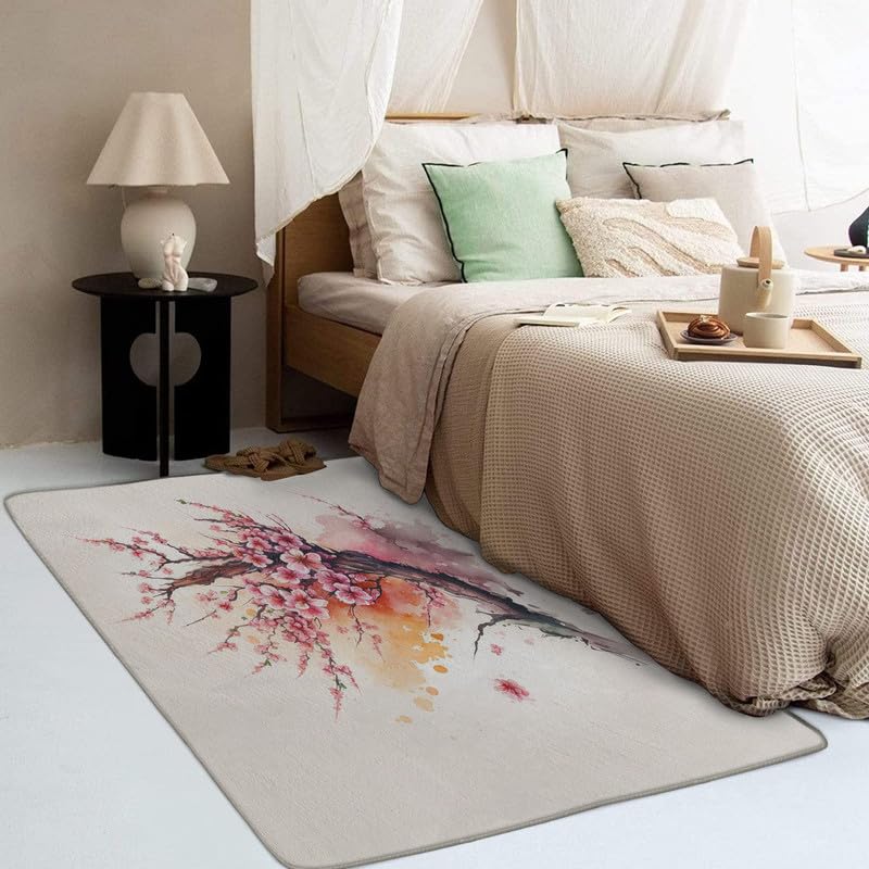 Tapis Salon Style Peinture À L'Encre Fleurs Cerisier Pagode