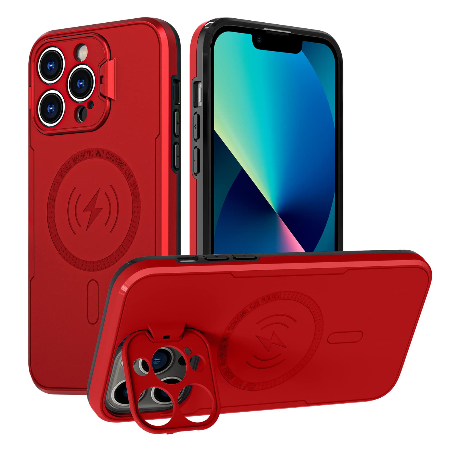 Gukalong Magnetic for iPhone Case with Lens Mount for iPhone 13 Pro Max Case [Compatible with MagSafe] [No.1 Strong N52 Magnets] Built-in Camera Ring Stand Cover 13 Pro Max-Red