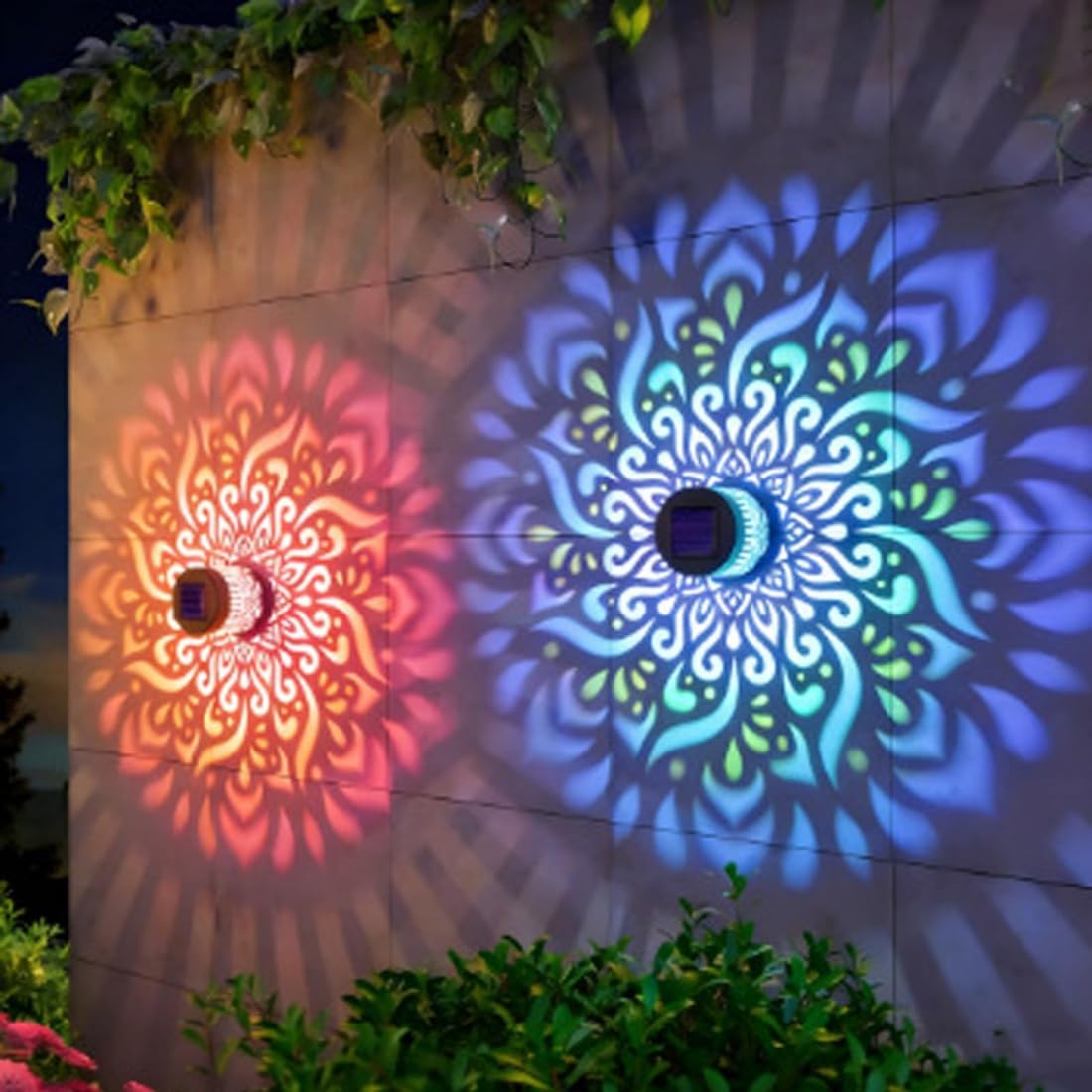 Luces solares de pared de mandala, lámpara de pared exterior solares con 7 colores cambiantes, luz de valla de metal impermeable para patio, jardín, patio trasero (4pcs)