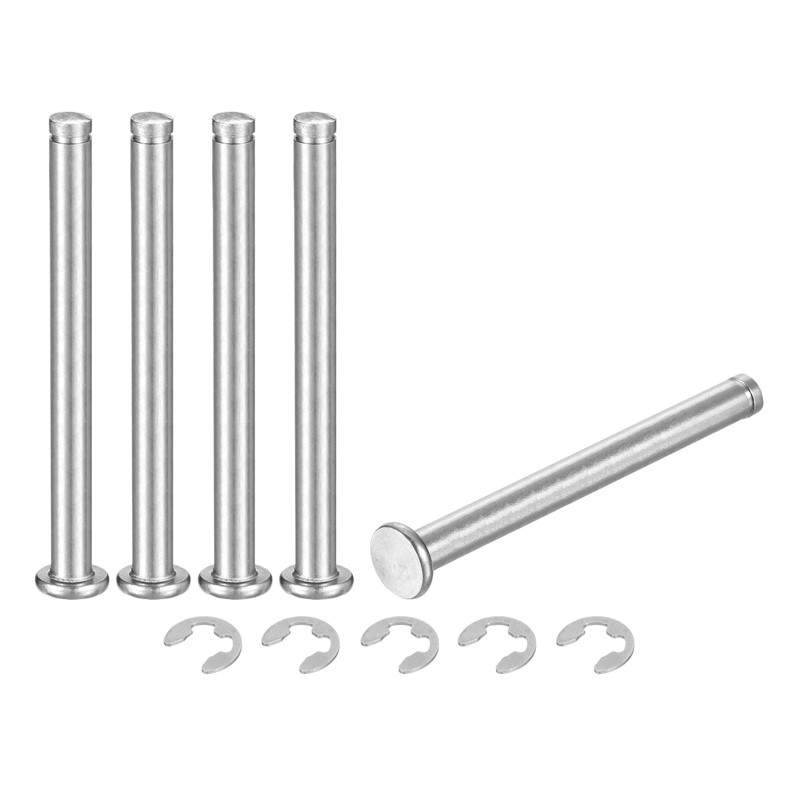 sourcing map 5Set M6x65mm 304 Stainless Steel Cylindrical Shaft Snap Ring Locating Pin, Flat Head Grooved Hinge Cylinder Position Pin with E Clip Retaining Ring, Silver