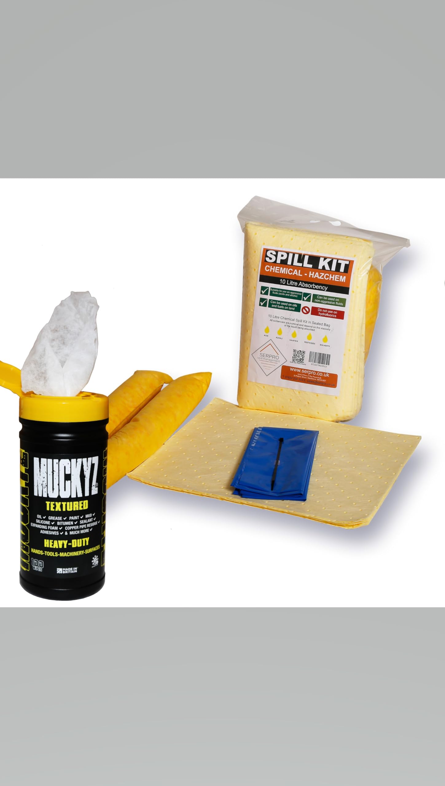 10 Litre Chemical Mini Spill Kit for Battery Acid, Caustics, and Hazardous Chemicals with Free Tub of Muckyz textured heavyduty wipes - Compact Emergency Response Solution