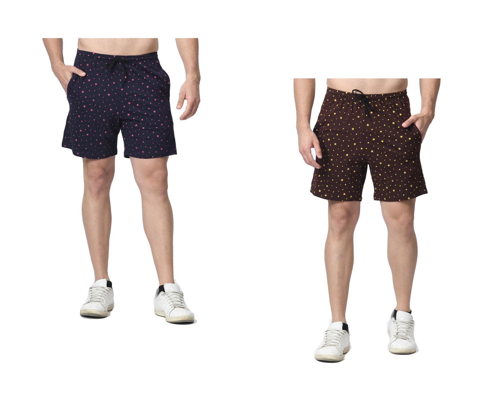 Men Cotton Star Printed Regular Bermuda Shorts (Pack of 2) Navy Blue,Brown-image-46