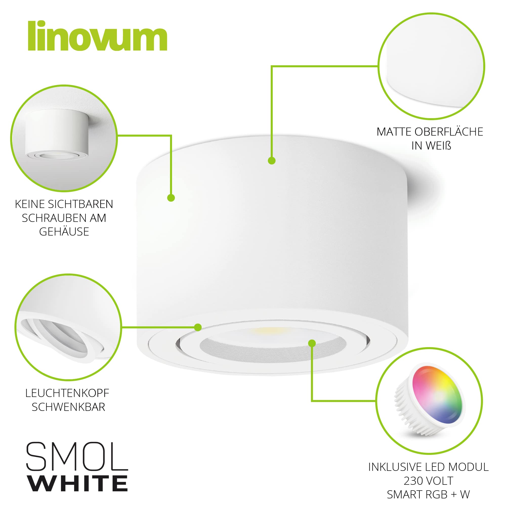 linovum SMOL Aufbauspot 4er Set weiß flach schwenkbar Smart LED WLAN RGBW | Vier smarte Deckenspots weiß - nur 50mm hoch, schwenkbar, per App & Alexa steuerbar, RGB-Farblicht, fürs Wohnzimmer, ohne Hub
