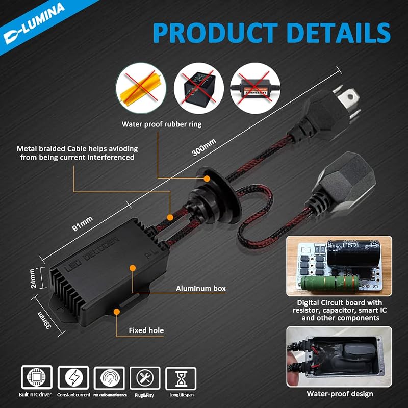 D-Lumina H4 LED Fényszóró Canbus Dekóder - Villogásgátló Kábelköteg, Hibaelhárító Adapter Készlet, 16V, 2 db