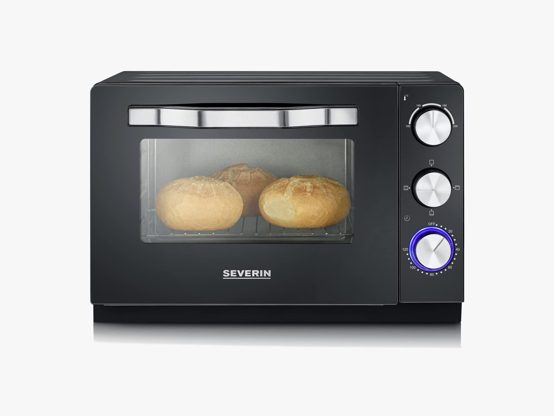 SEVERIN Back- und Toastofen mit Umluftfunktion, Mini Backofen mit Grillrost, Backblech und Krümelblech, bis zu 230 Grad, vielseitiger Toastofen mit 20 L Kapazität, 1.380 W, schwarz, Edelstahl, TO 2070