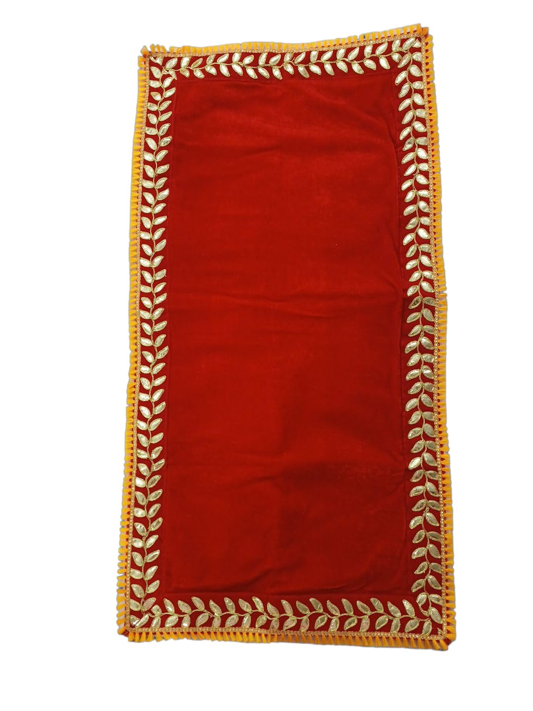 Suyash Creations Designer Aasan Mat with Gota Patti Embroidered Border, Red Velvet with Gold Leaf Pattern, Traditional Prayer Mat-image-30
