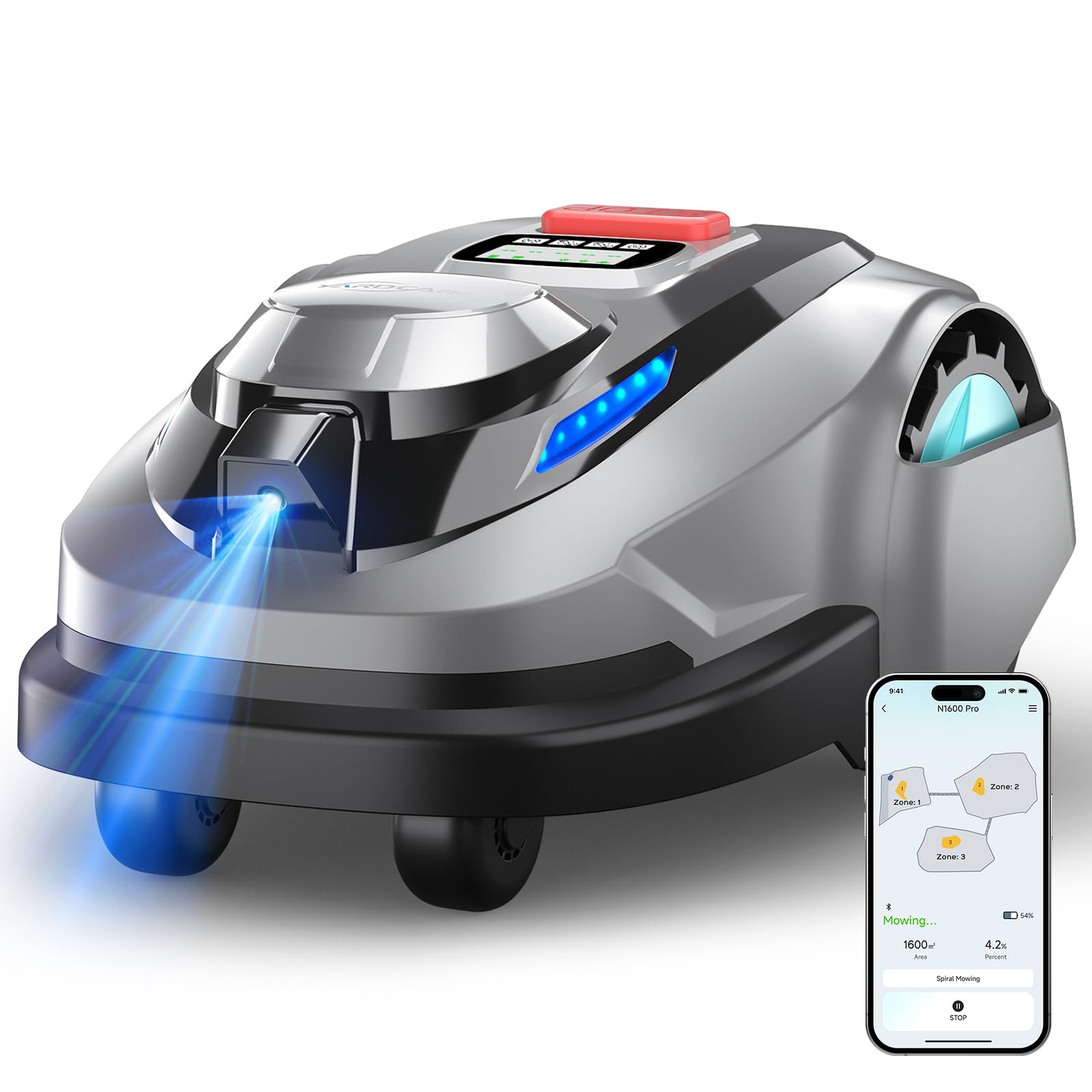 YARDCARE N1600 PRO Mähroboter ohne Begrenzungskabel für 1600 m²– Rasenroboter mit RTK & KI-Vision, U-förmiges Mähmuster, Multizonen-Management, intelligente Hindernisvermeidung, App-Steuerung