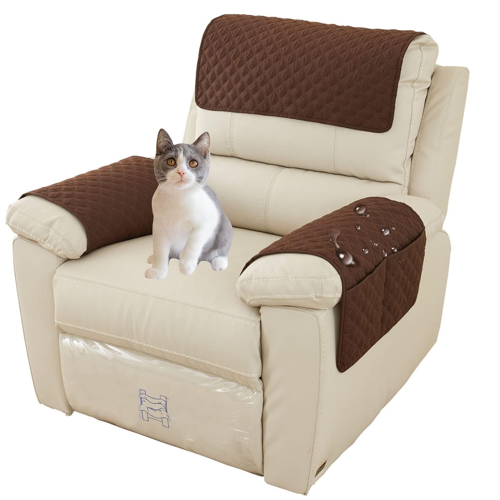 EXTLEZSA Water Proof Sofa Armrest Cover, 1/2/3 Seater Sofa Headrest Slipcovers with Pocket Nonslip Armchair Cover Quilted Furniture Protector for Recliner Leather Sofa Couch (Coffee,1 Seat 3 pc)