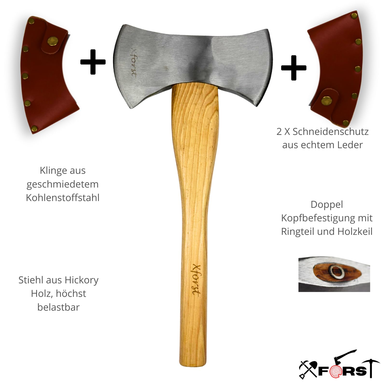 Ascia Accetta Doppia Xforst X-DB in acciaio al carbonio forgiato. Manico in legno di Hickory con fodero per la lama in vero cuoio nero. Ascia vichinga. 42 cm / 1,4 kg.