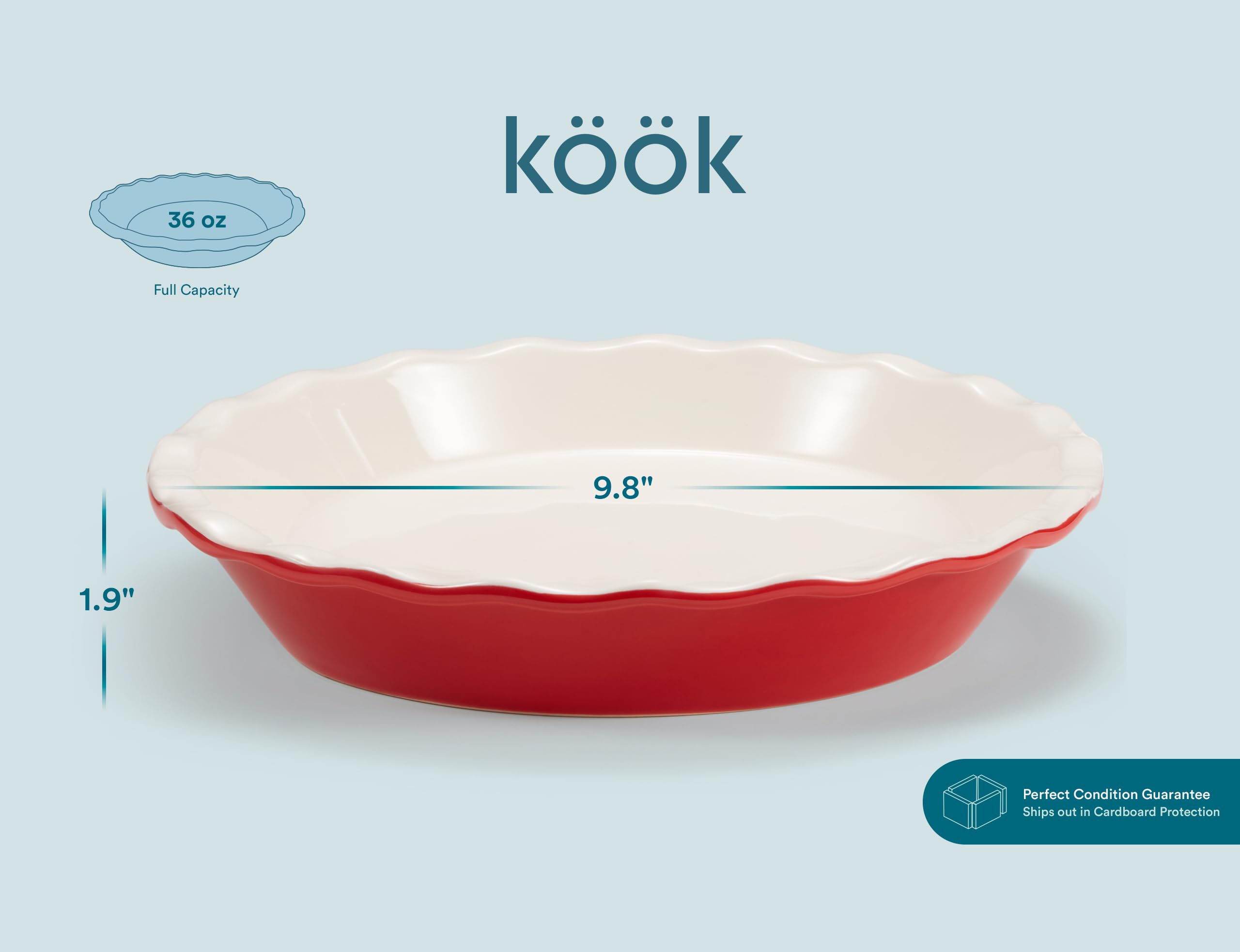 KooK Moule à tarte rond réutilisable en porcelaine et céramique avec bord ondulé pour gâteaux, tartes, casseroles, tartes, quiches, micro-ondes, four et lave-vaisselle, 22,9 cm, 1 020,6 g, cerise