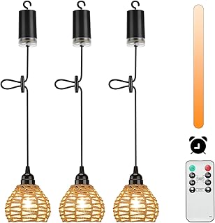3 Piezas Dimmable Lampara Techo Colgante Exterior,Lámpara Techo Vintage Ratan Con Control Remoto Para Interior Comedor,Escaleras,Salon, Dormitorio, Camping Impermeable Exterior ip65 ﻿