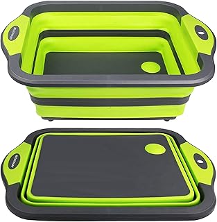 NEWOSTER Collapsible Cutting Board - Multifunction Chopping Board, Basin Drainer & Washing Bowl Dish Tub Draining Plug Kitchen Scissors Portable Drain Basket for Camping, Picnic, BBQ (Green)