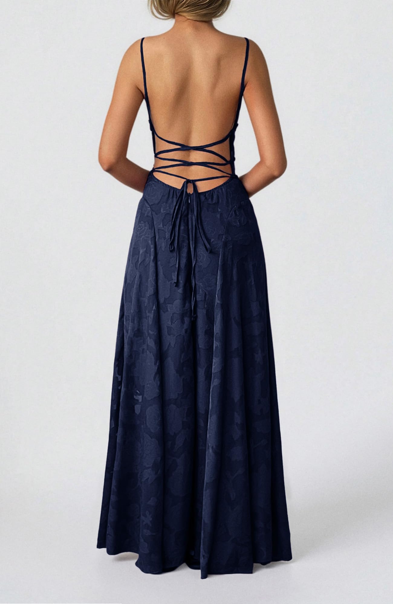 Robe longue pour femme - Bretelles spaghetti - Maille jacquard - Dos nu - Élégante robe de cocktail - Robe de soirée florale