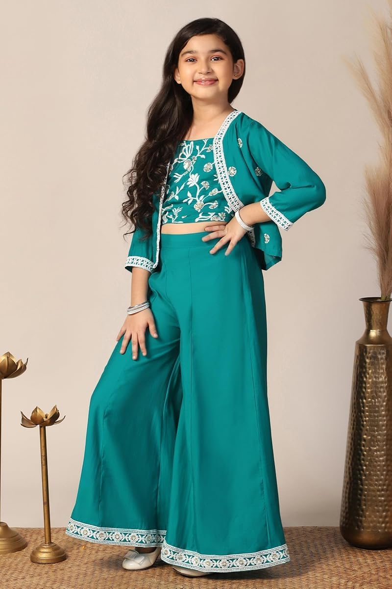DREAMANGEL FASHION Girls Silk Blend Traditional Square Neckline Embroidered Indo Western Top and Palazzo Set