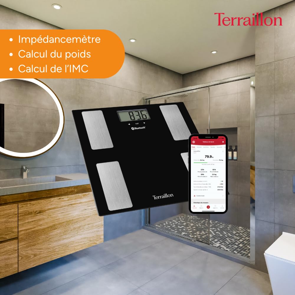 TERRAILLON - SMART CONNECT, Pèse Personne Connecté, Balance IMC, 8 Utilisateurs, Bluetooth Low Energy, Capacité 160Kg, Noir