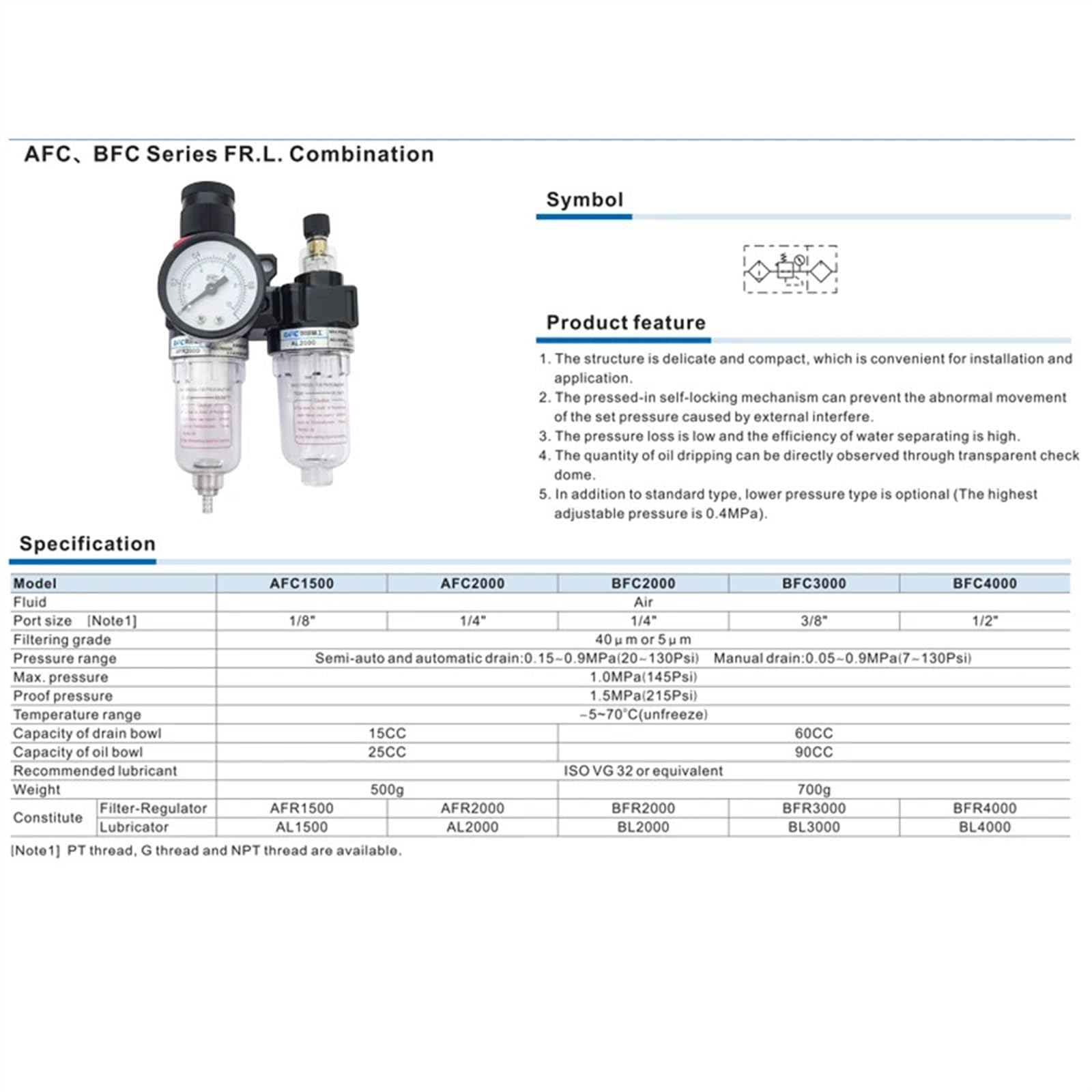Unità di preparazione AFC2000 Porta Trattamento aria Compressore Filtro Regolatore di pressione Lubrificatore combinato Separatore d'olio(AFC2000 PC8-02)