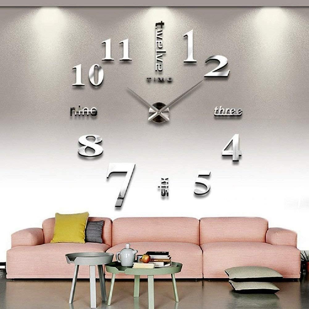Qpower Modern Mute DIY Large Wall Clock 3D Sticker Home Office Decor Gift (silver)