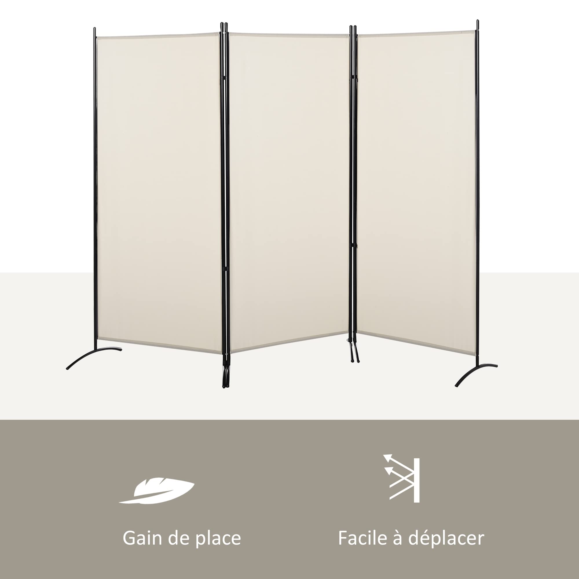HOMCOM Paravent 3 Panneaux dim. 2,53L x 0,5l x 1,82H m Store latéral Brise-Vue paravent sur Pied séparateur métal Polyester Haute densité Beige