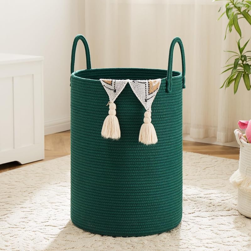 Large Jute Cotton Rope Laundry Hamper with Handles, Durable Clothes Basket for Bedroom, Bathroom, Baby Nursery, Laundry Room & Home Storage (14x16 Inch, Green)-image-41