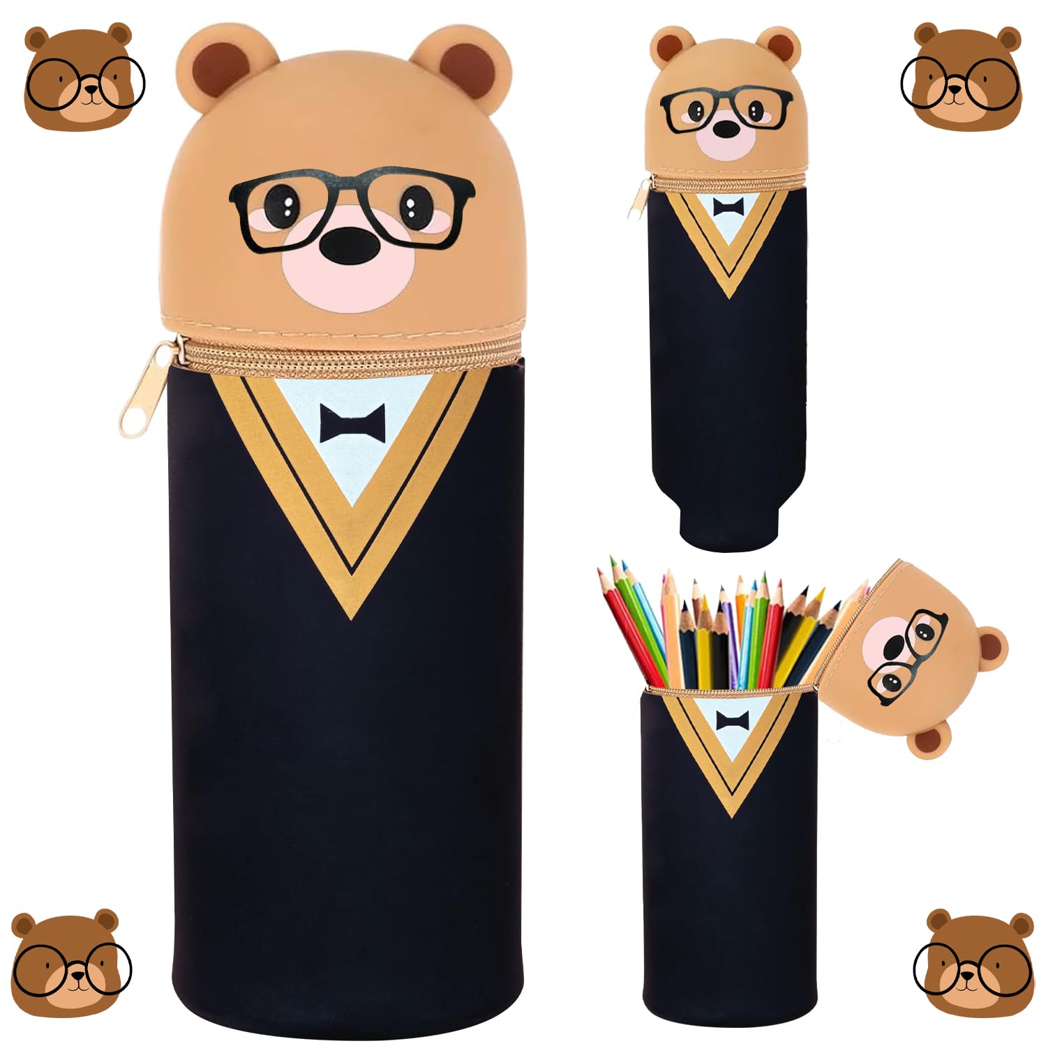 TwoduYoo Super weiches Federmäppchen, Kawaii (Kleiner Braunbär mit Glässe) Federmäppchen aus Silikon, In die Schule gehen, Wasserdicht und superweich, 22cm Max Höhe, Soft Pencil Case