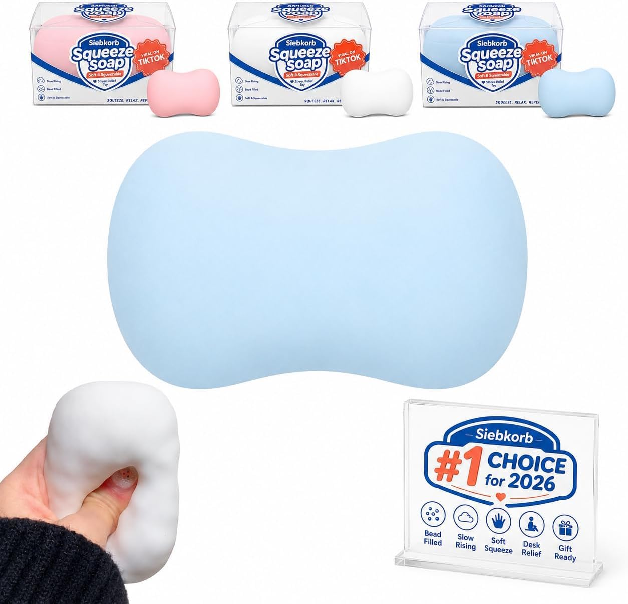 Crunchy Squishy Asmr Stress Ball, Realistic Handmade Bar Shape Bead Filled Crunchy Squishies Stress Ball, Cute Squeeze Sensory Fidget for Adults Office Anxiety Relief (Blue Soap)