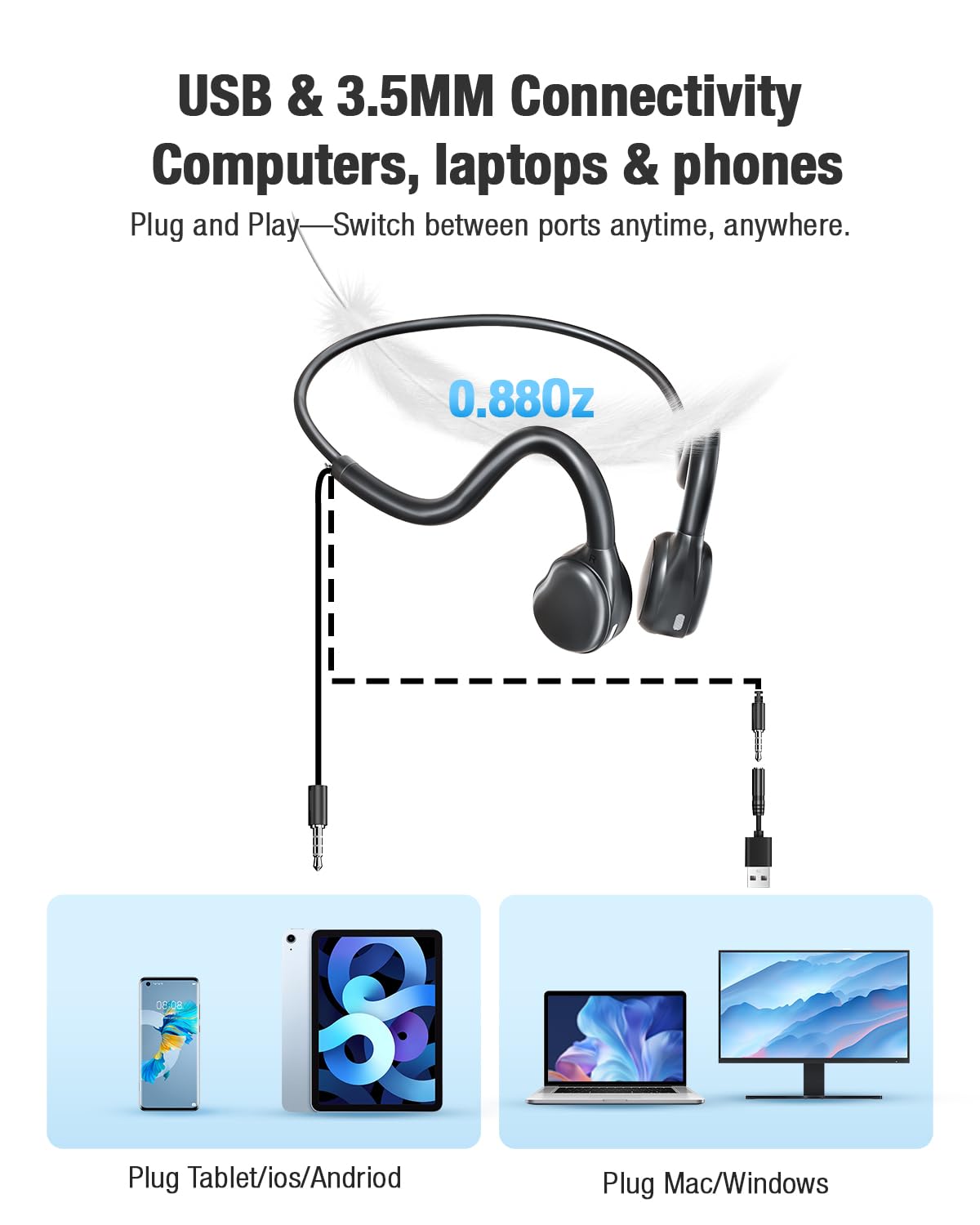 Écouteurs ouverts avec microphone amovible, câble cristal, 3,5 mm + contrôle audio filaire USB - Noir