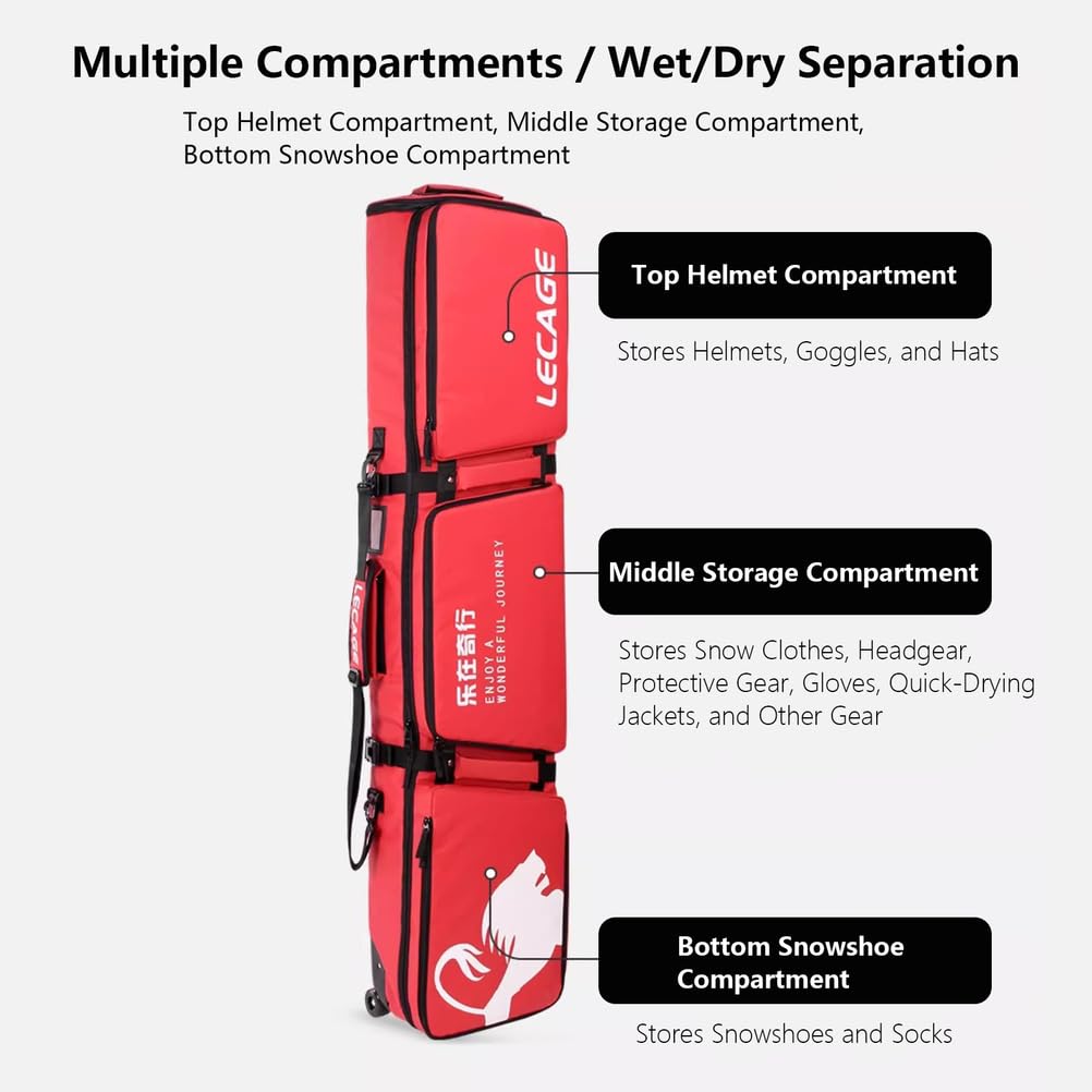 Borsa da Snowboard con Ruote per Viaggi Aerei, Borsa da Sci Doppia con Ruote Impermeabile per 2 Set di Sci/Snowboard Singolo, Scarponi, caschi, Occhiali Fino a 170 cm