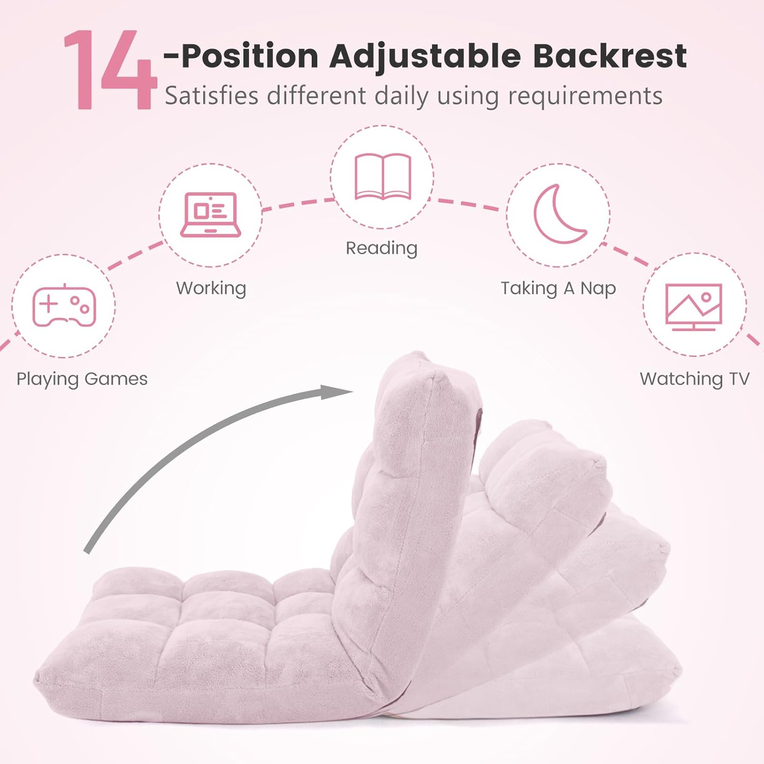 MAT EXPERT Floor Chair with Back Support, Floor Gaming Chair w/ 14 Adjustable Position, Soft Coral Fleece&Alloy Steel Frame, Foldable Padded Lazy Couch Recliner for Meditating (Pale Pink, Large)