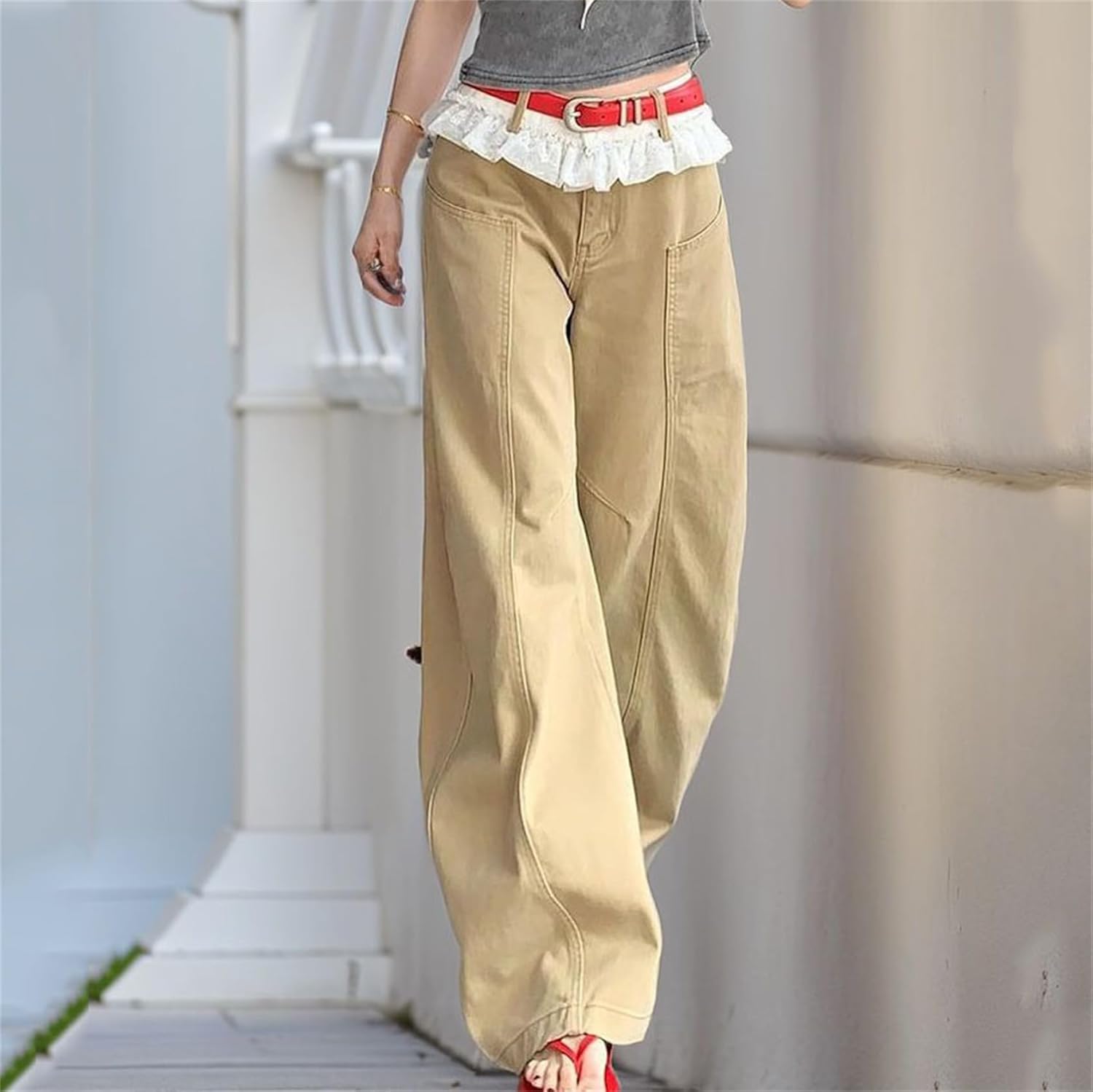 Women Y2K Boho High Waist Jeans Pants - Lace Trim Loose Wide Leg Lounge Baggy Gothic Style for Teacher and Dance
