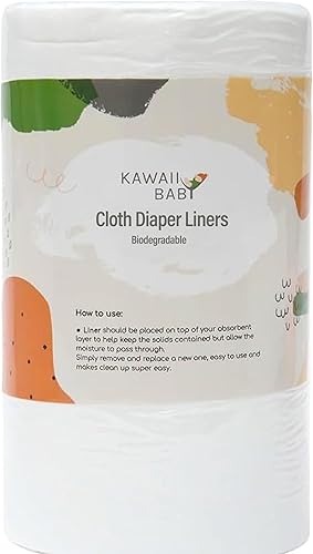 KaWaii Baby Forros de pañales de tela biodegradables sin perfume, rollos de forro de pañales de tela de bambú, certificado SGS, 11 x 7 pulgadas, 100