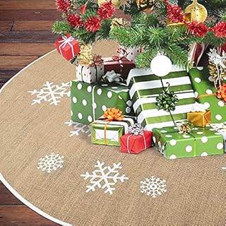 LATERN Christmas Tree Skirt, 122CM Burlap Tree Skirt with White Snowflake Printed Round Xmas Tree Cover Mat for Christmas Holiday Tree Decorations (Khaki)