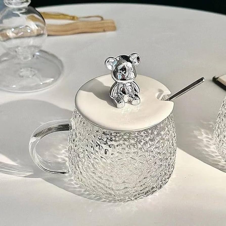 THEODORE 450ML Teddy Bear Handle Glass Mug with Lid & Stainless Steel Spoon | Cute Transparent Textured Tea & Coffee Cup with Handle | Premium Luxury Drinking Mug | Pack of 1-image-32